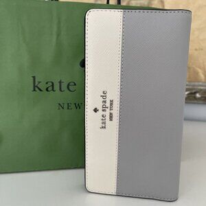 NWT KATE SPADE Leather Madison Large Slim Bifold Wallet In Platinum Grey Multi